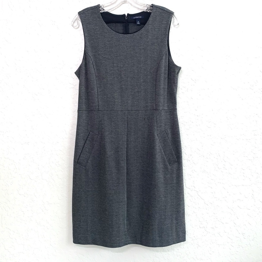 Lands End Sheath Dress Womens 12 Gray Herringbone Sleeveless Pockets Zipper